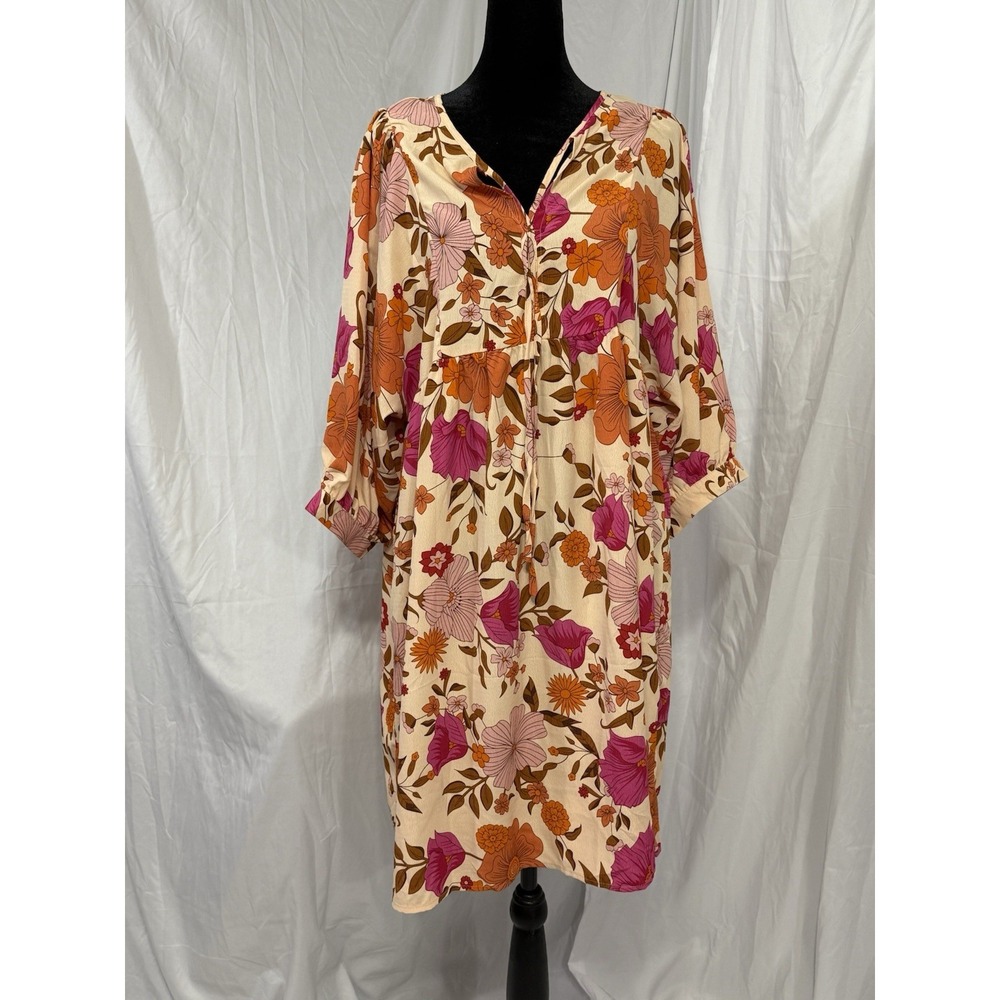 NWT Miduo Floral Dress Large Knee Length Orange 3/4 Sleeve V-neck